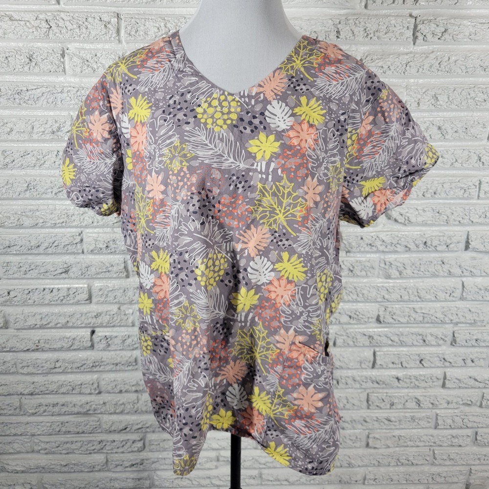 Zoe Chloe Scrub Top XL Unisex Floral Multicolor Cotton Medical Uniform V Neck